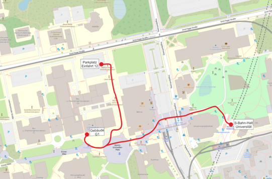 Lageplan des G1 mit eingezeichnetem Weg vom BCI-Parkplatz und von der S-Bahn